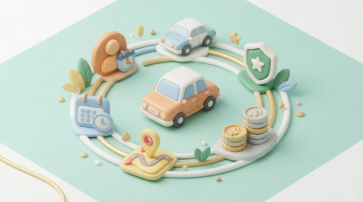 自動車保険の保険料を構成する様々な要素（年齢、車種、等級など）が積み重なって決まる様子を表現します。車の周りに要素を表すアイコンが配置されているイメージです。