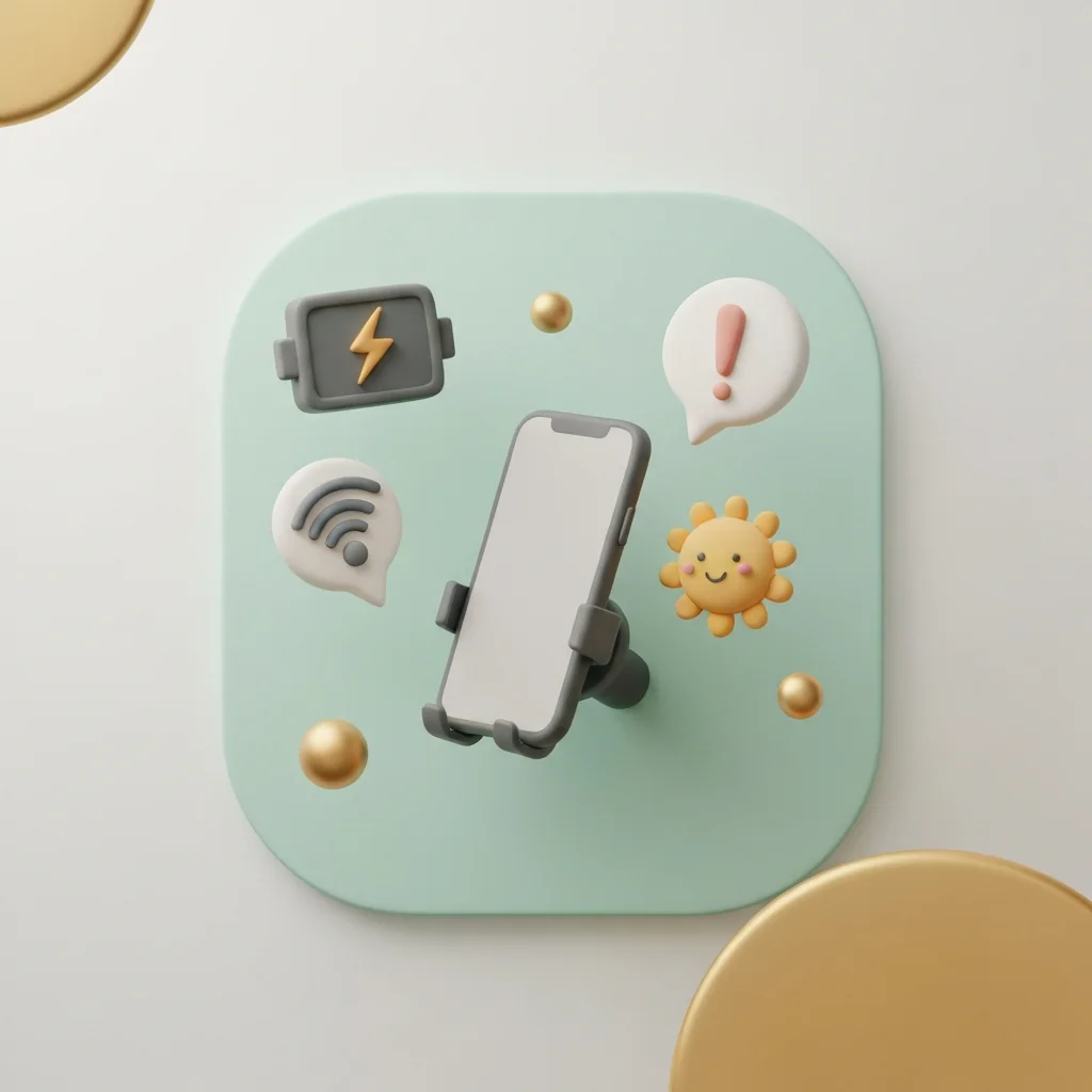 バッテリー・熱・通信量など注意モチーフ（電池アイコン、太陽、Wi-Fi）を、やわらかい注意サイン（丸い警告マーク）と一緒に配置。怖くならないポップな注意喚起。