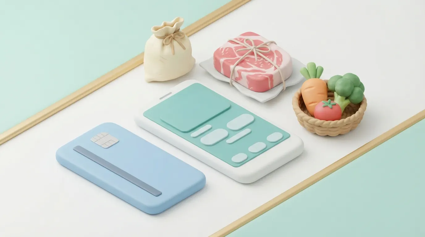 高還元率カード、スマートフォンでの決済画面（文字なし）、そしてお米や肉などの返礼品イメージが並んでいる様子。