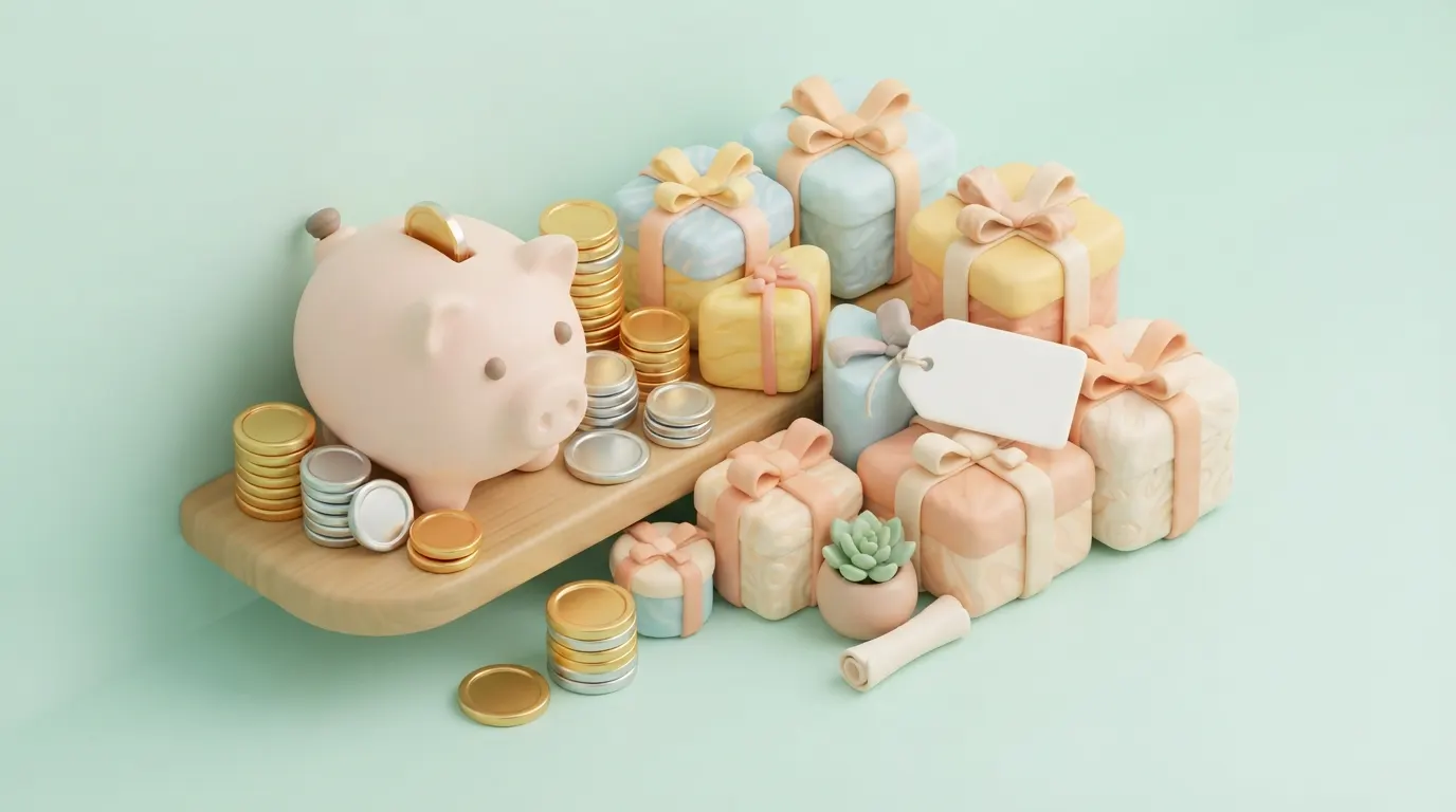 貯金箱、金貨、たくさんの返礼品（ギフトボックス）、そして全体を包み込むようなお得感のイメージ。