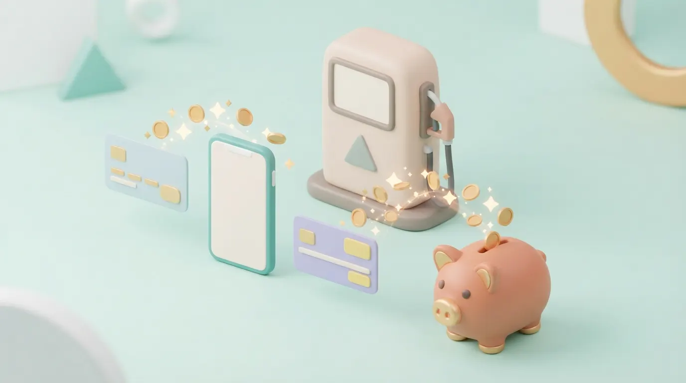 クレジットカード、スマートフォン（QRコード決済や電子マネーを象徴）、そしてガソリンスタンドのポイントカードが、ガソリンを給油するポンプの周りに集まり、そこからたくさんのポイント（コインや星）が溢れ出ている様子を描き、賢い支払い方法によるポイント獲得を表現します。