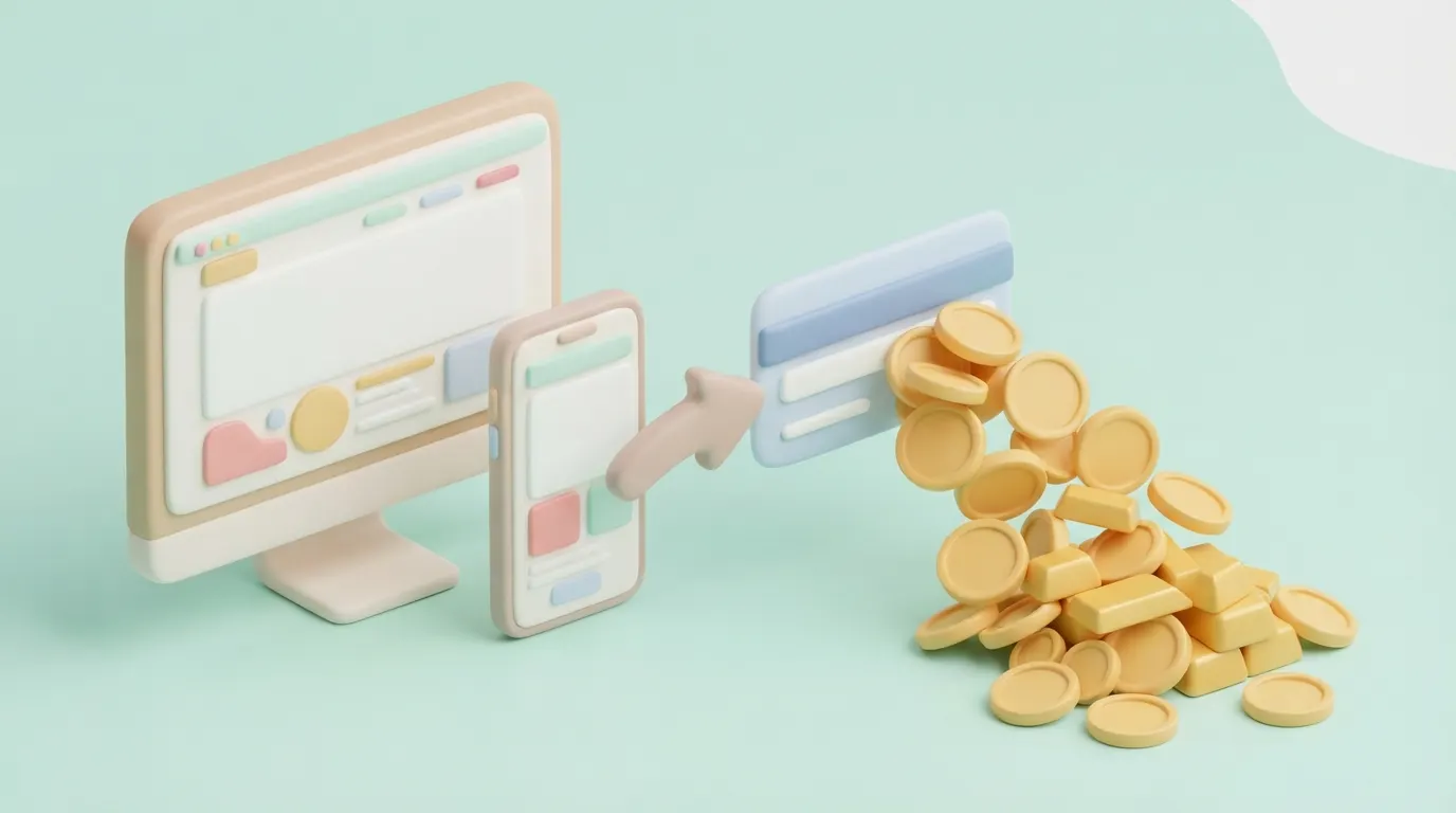 パソコンやスマートフォンがポイントサイトの入り口となり、そこからクレジットカードのアイコンを通じて、通常よりも大きなポイントの塊（金塊や大きなコイン）が手に入る様子を表現します。ポイントサイト経由での申し込みがお得であることを強調します。