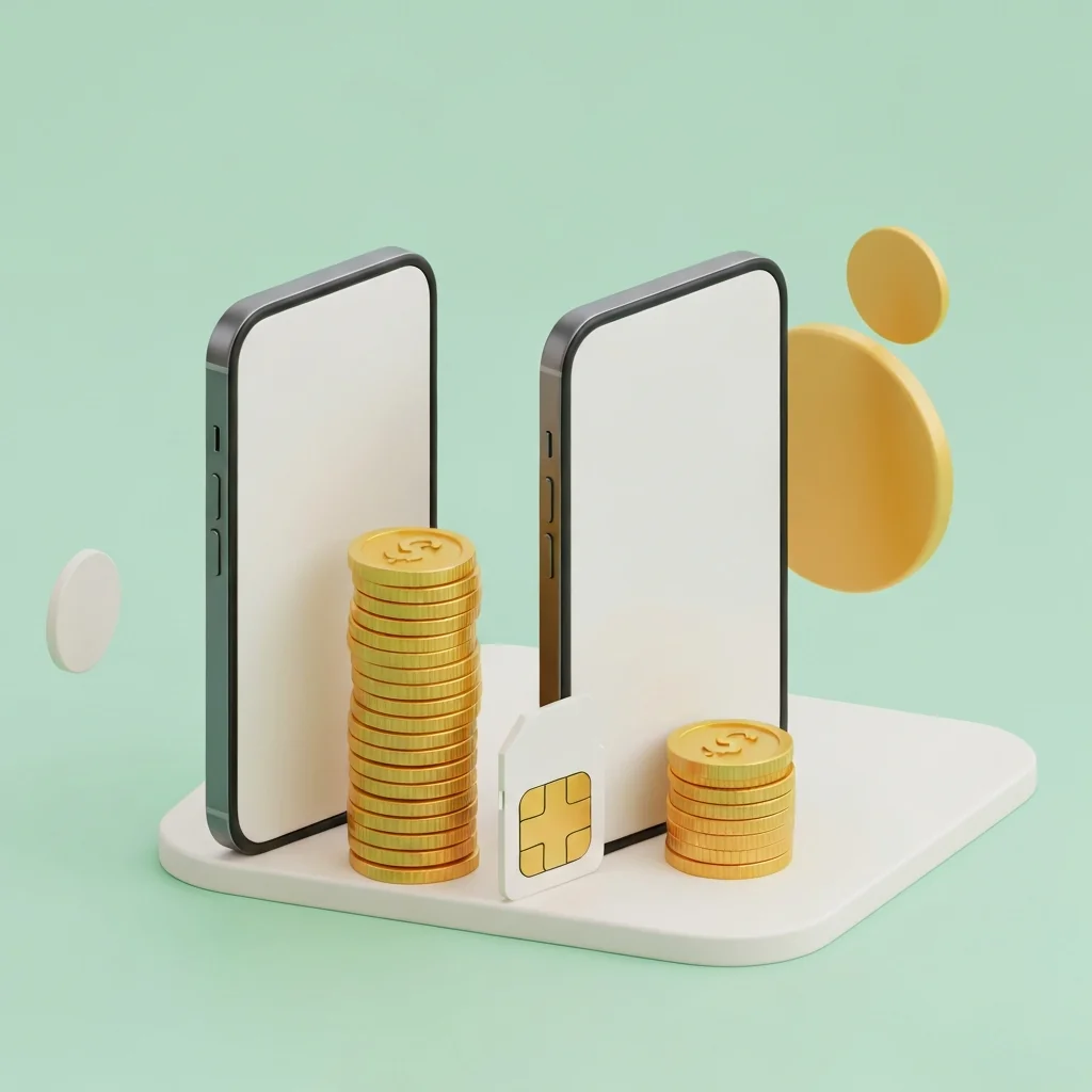 大手キャリアと格安SIMのコストの違いをシンプルに比較するイメージ。2つの異なる料金プランを示すスマホ（片方は高額、もう片方は低額）、SIMカードを配置し、料金差を分かりやすく表現する。