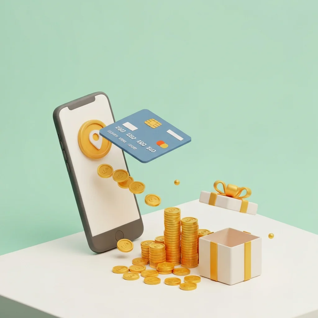 ポイントサイトとクレジットカードでポイントを二重取りするイメージ。スマートフォン（ポイントサイトのアイコン風）、クレジットカード、大量のゴールドコイン、ギフトボックスを配置し、お得なポイント獲得方法を強調する。