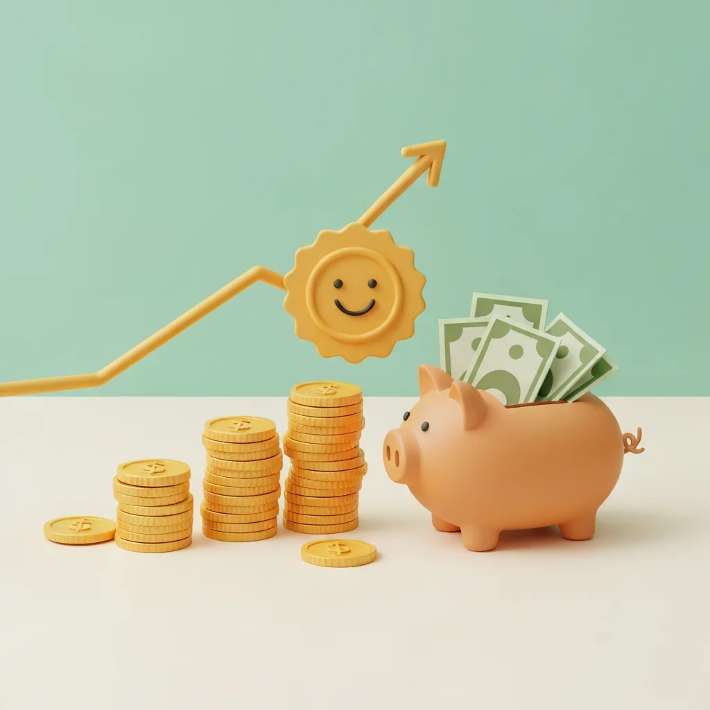 節約とポイ活で得られる豊かな生活、達成感を表現。積み重なったお金（コインや紙幣の束）、貯金箱、笑顔の報酬バッジ、成長するグラフ（文字なし）を配置し、ポジティブな未来を暗示する。