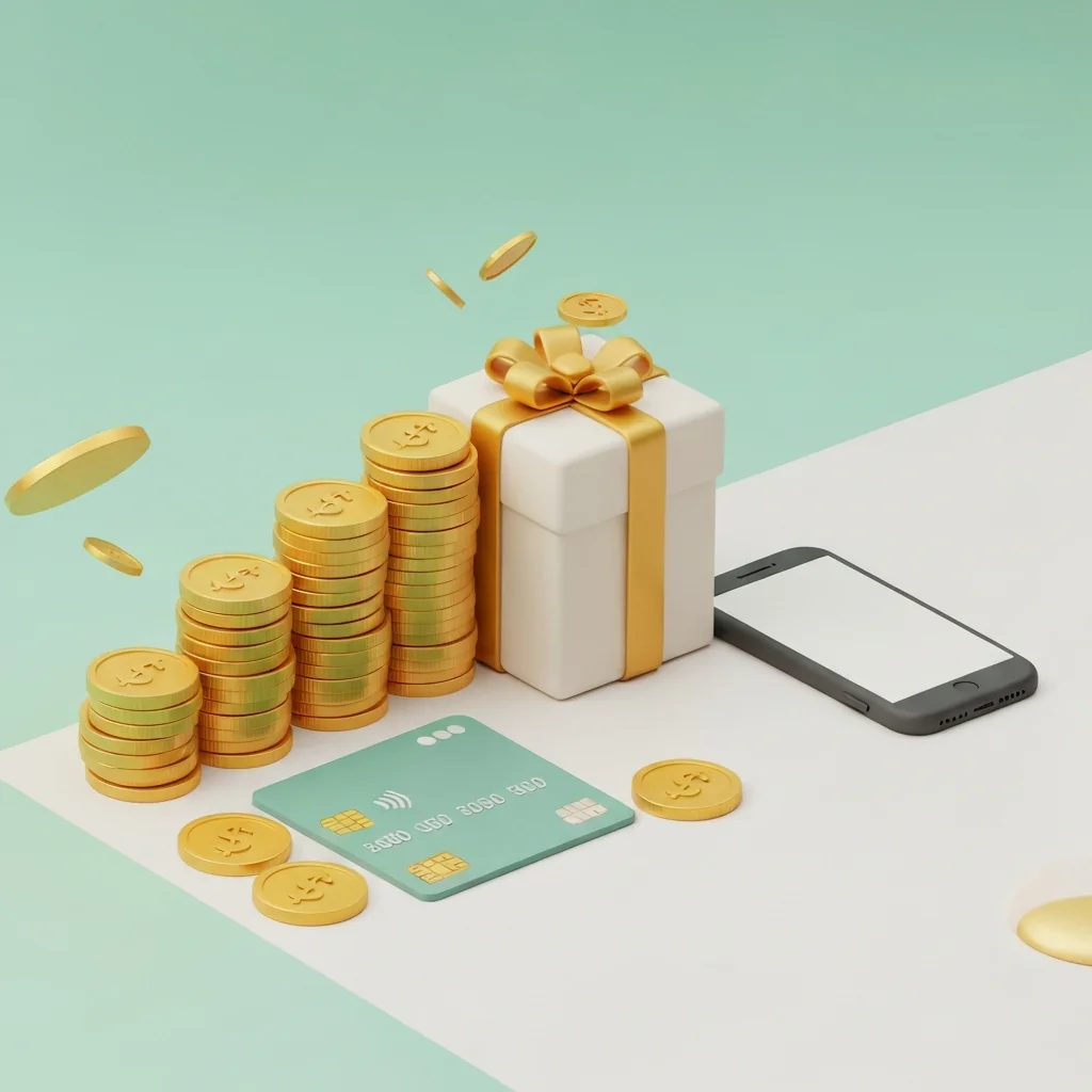 ポイ活によってポイントやお金が増え、生活が豊かになる変化を表現。積み重なったコイン、ギフトボックス、クレジットカード、スマートフォンを配置。