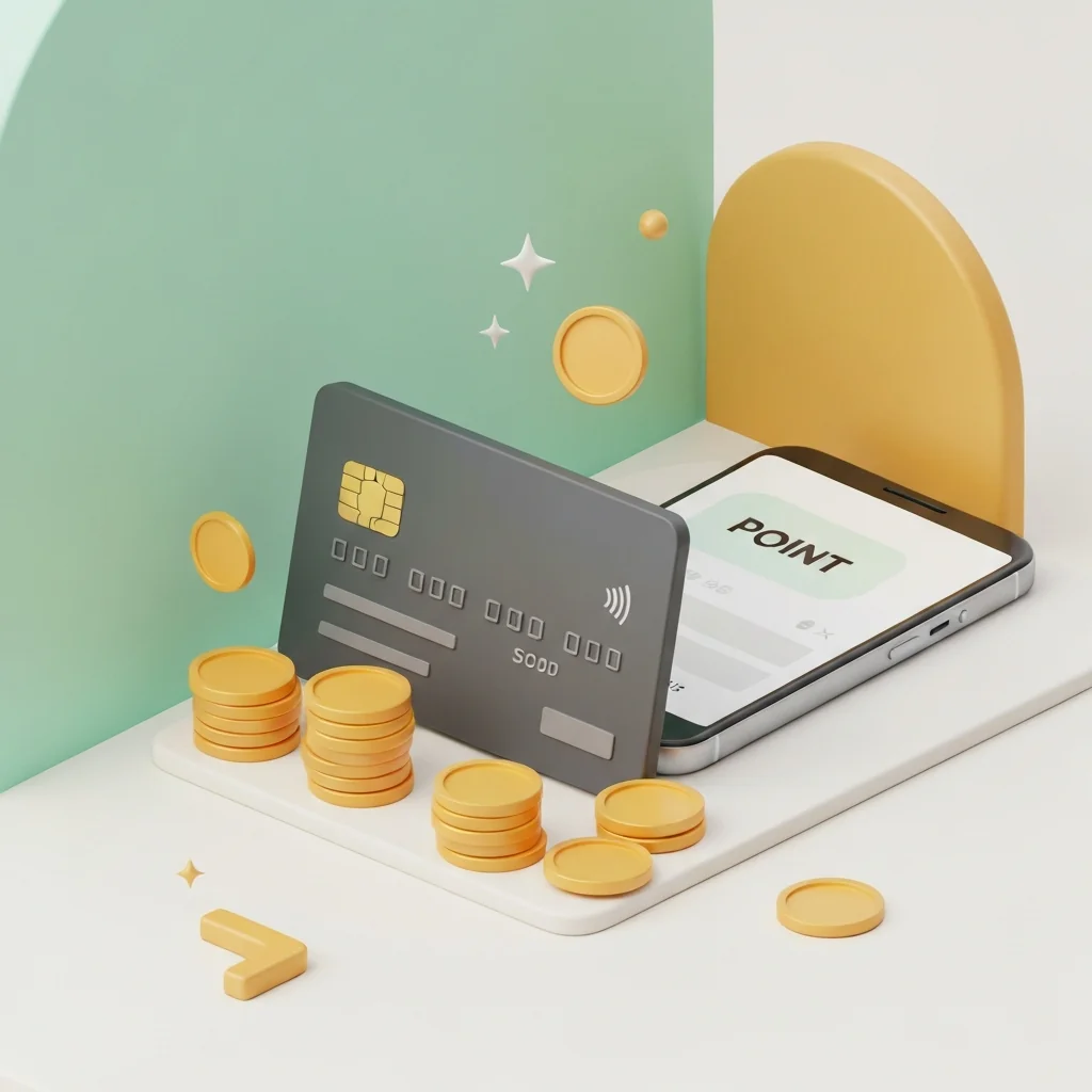 ポイ活を始める上で必須となる基本ツール（クレジットカード、ポイントサイトを示すスマートフォン、コイン）を分かりやすく示す。中心にクレジットカードを配置。