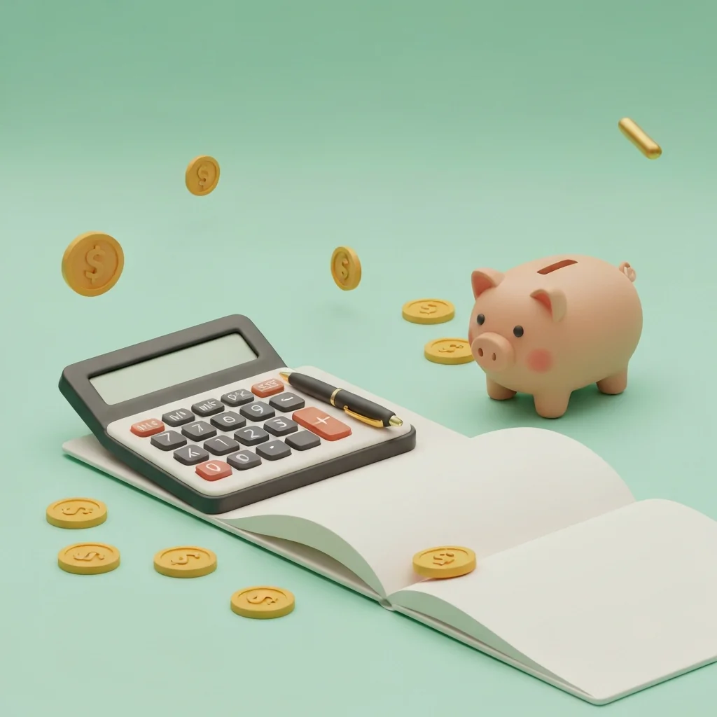お金の流れを把握し、賢く管理する意識が高まるイメージ。電卓、ノート、ペン、コイン、貯金箱を配置。