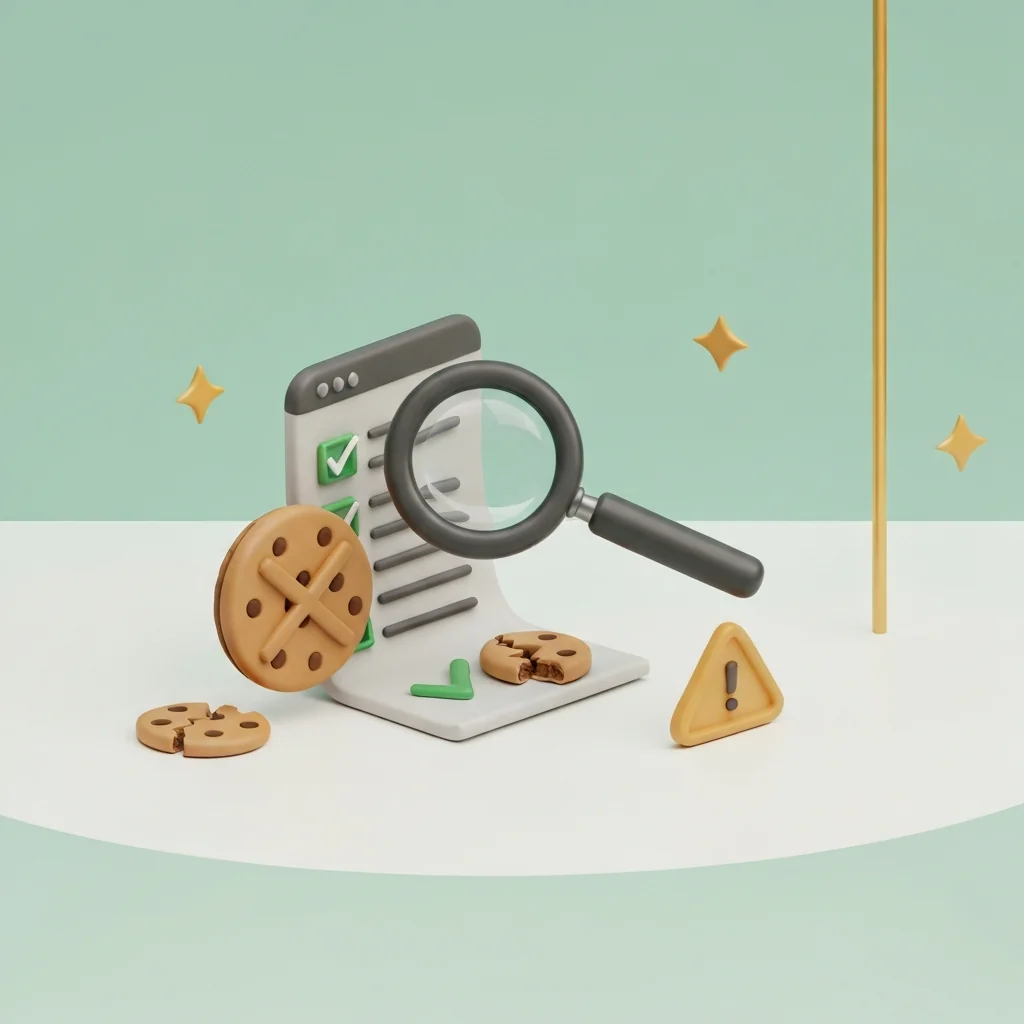 ポイント獲得の失敗を防ぐための注意点（獲得条件の確認、Cookie設定の重要性）を象徴的に表現します。虫眼鏡で書類をチェックする様子や、破損したCookieアイコン、注意喚起のマークなどを組み合わせます。