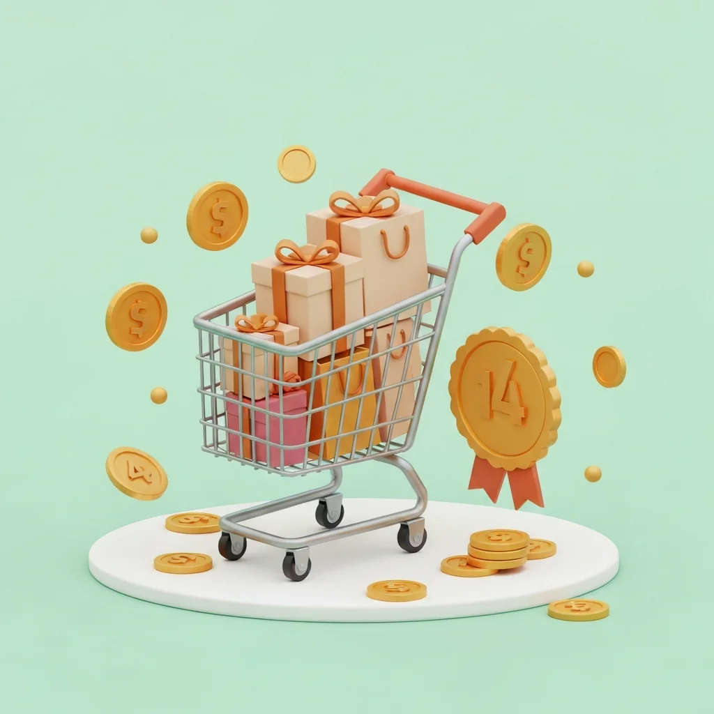 楽天お買い物マラソンの買い回りシステムとポイントアップの仕組みを、複数のショップとポイントが貯まる様子で表現します。ショッピングカート、ギフトボックス、コイン、ポイントバッジを配置し、お得なイベントであることを示唆します。