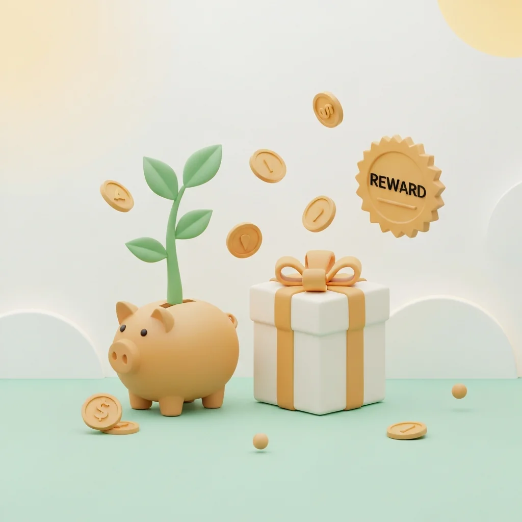 ポイ活がもたらすポイント以外の価値（節約、ちょっとした贅沢、達成感）を、成長する植物、ギフトボックス、貯金箱などのモチーフで表現します。