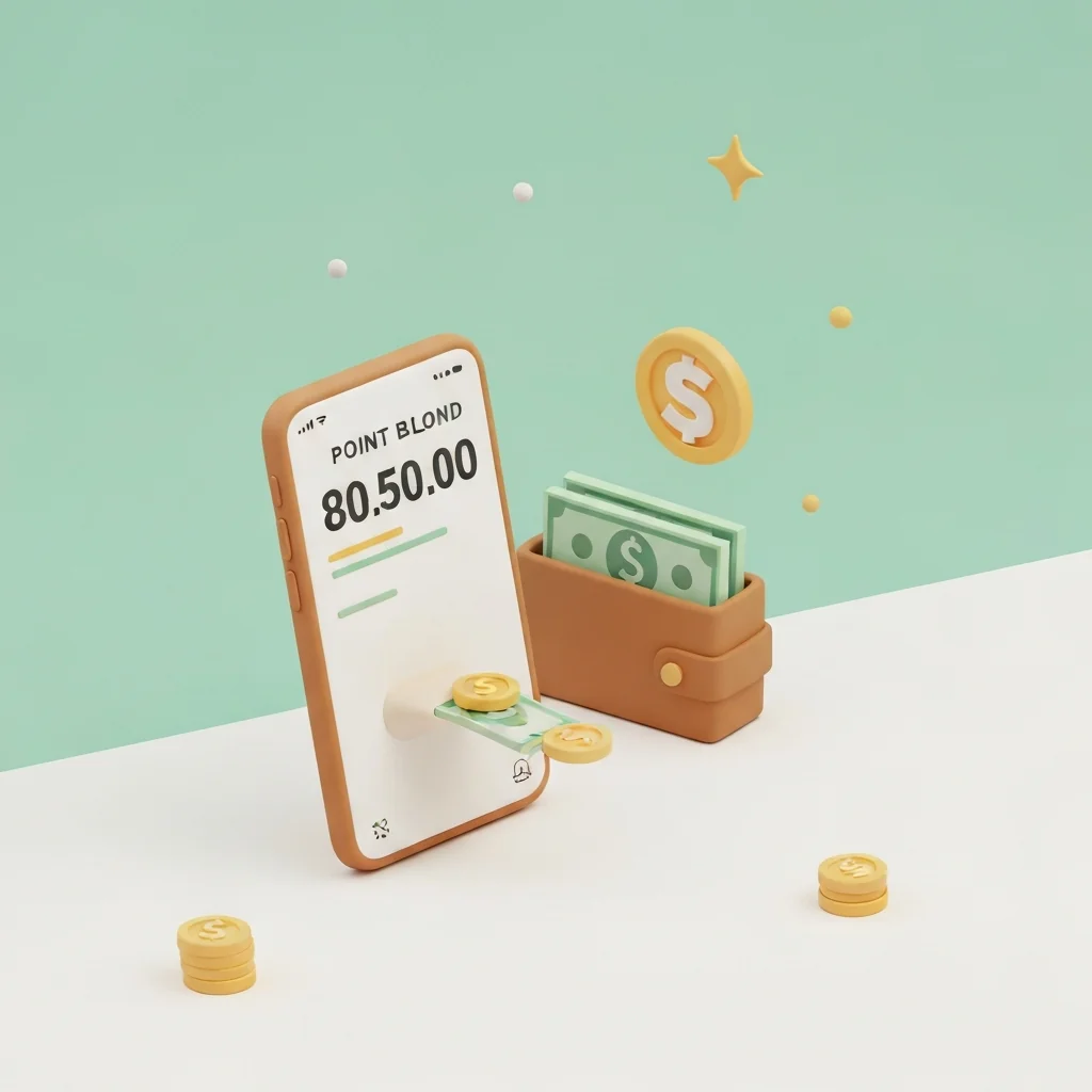 獲得したポイントを現金化したり、ポイント投資に活用したりするイメージ。スマートフォンでポイント残高を確認し、そのポイントが財布の中の現金や、小さな投資信託のアイコンに変わる様子を表現する。